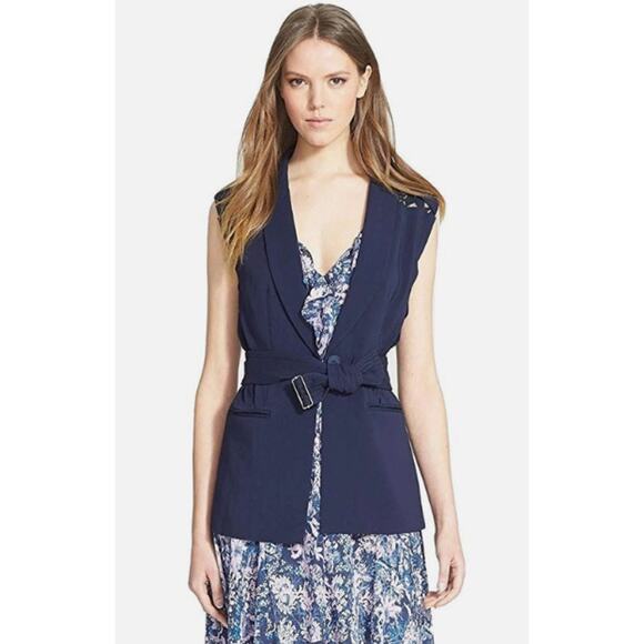 Rebecca Taylor Navy Blue Vest Size 0 XS Lace Trim Belted Suiting Sleeveless - Picture 1 of 14